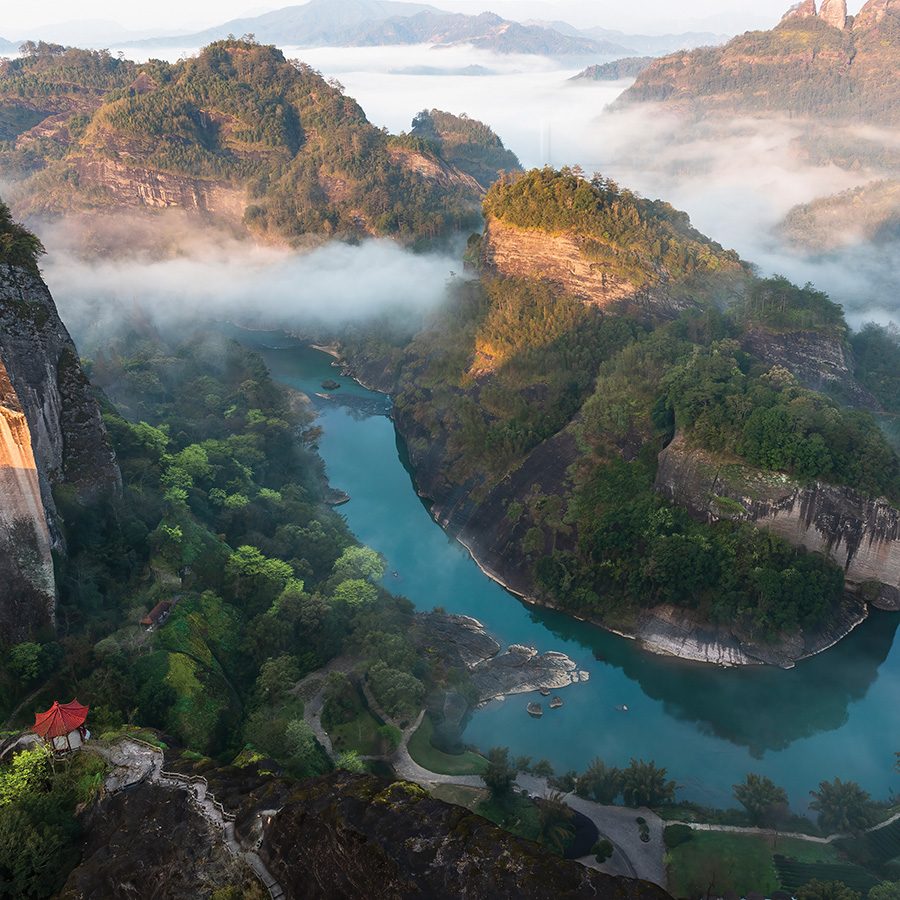 Aerial view of a river winding through Mount Wuyi, Fujian.