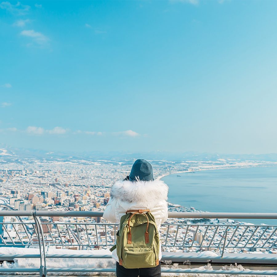 Person with backpack staring out at a city landscape