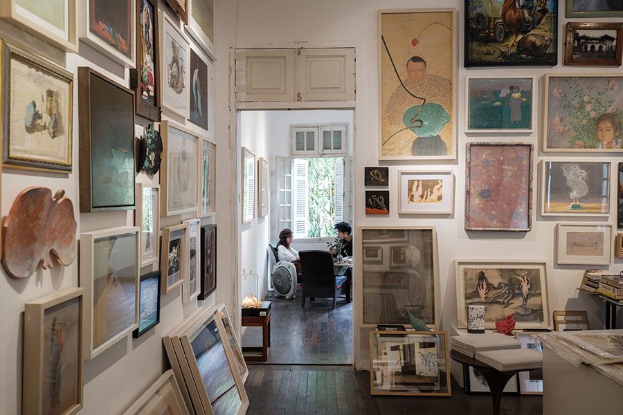 The art-filled walls of Manzi Art Space in Hanoi.
