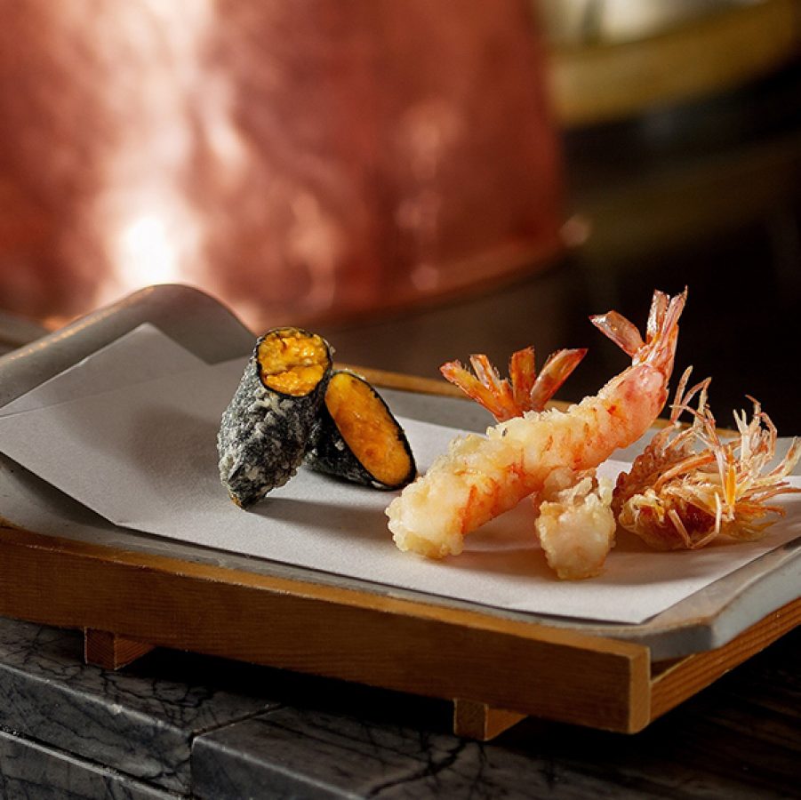 Close up shot of Shikigiku Japanese Restaurant’s signature prawn and sea urchin tempura.
