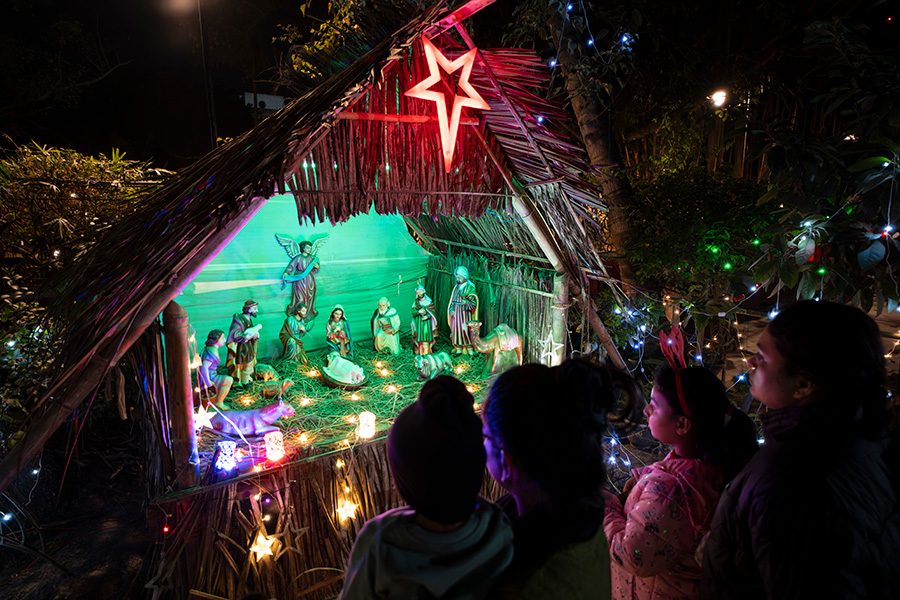 A bright display showing the nativity of Jesus.