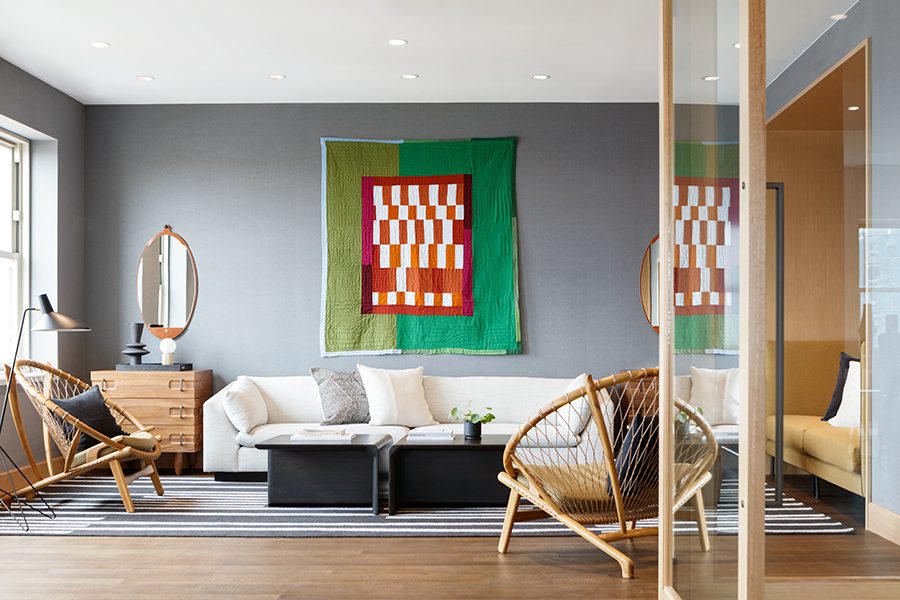 Shot of a hotel room in the Kimpton Harper Hotel.