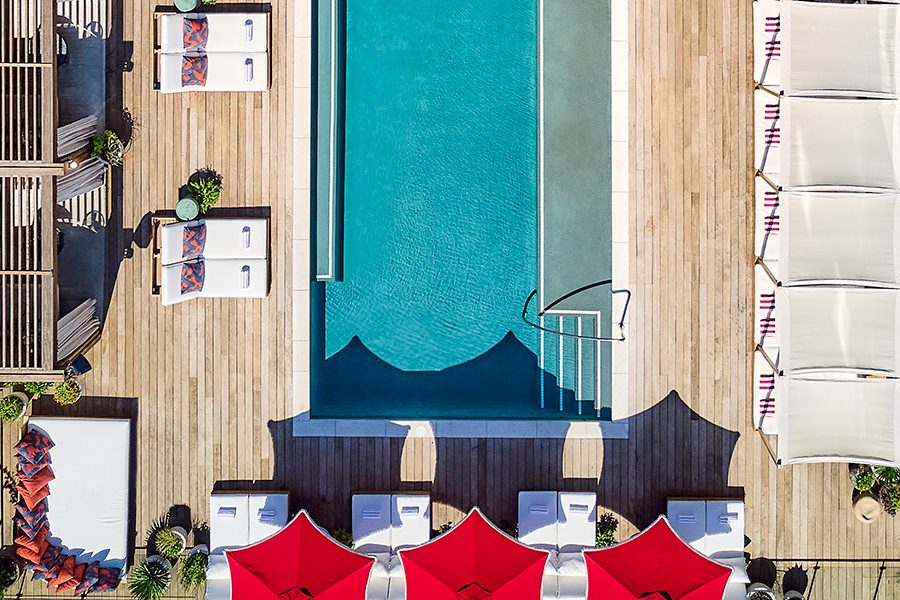 Topshot of the swimming pool at Virgin Hotel Dallas.