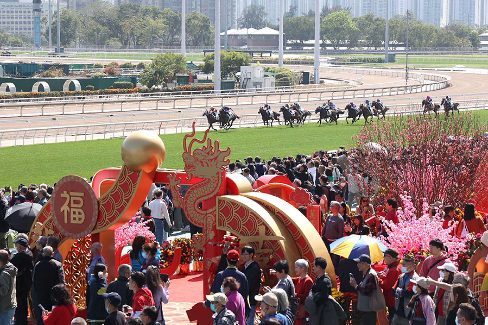 Visitors and jockeys at Chinese New Year Race Day. The venue is decorated with pink flowers and a large, red-and-gold dragon arch. 