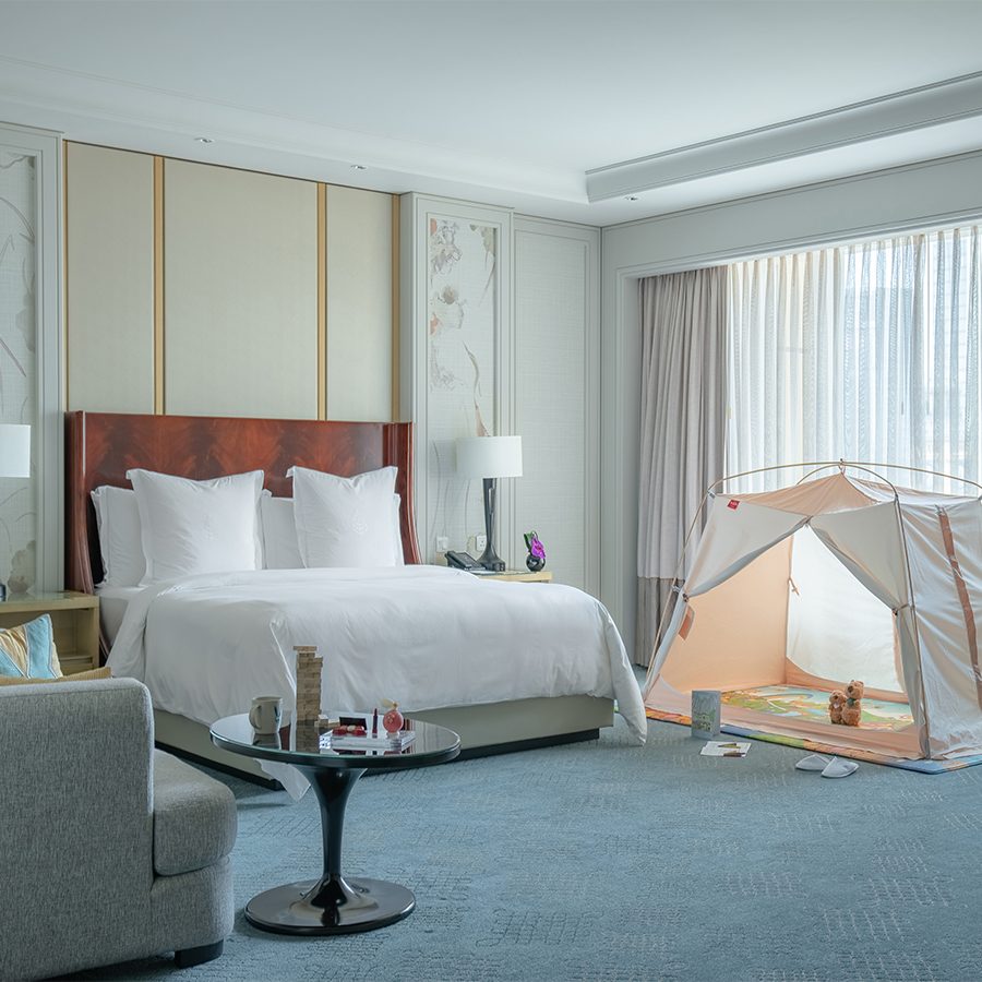 An interior view of the airy family suite at Four Seasons Macao hotel. 