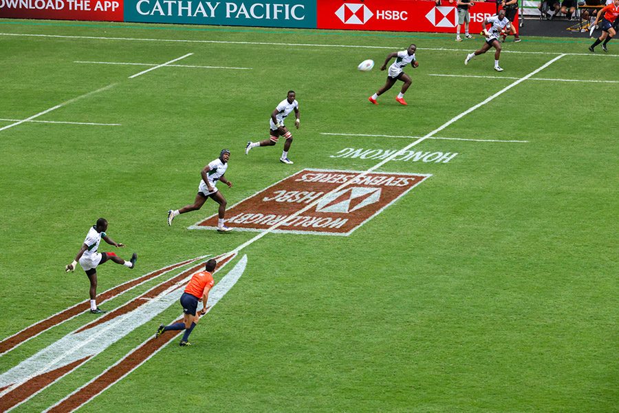 Rugby players on the field at the Cathay Pacific/HSBC Hong Kong Sevens.