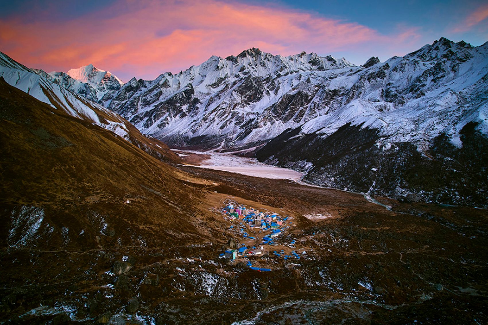 Wide shot of the snow-covered Himalayan ranges. 