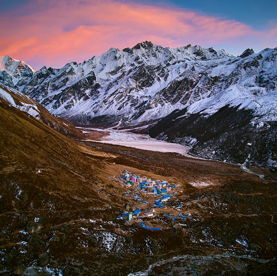Wide shot of the snow-covered Himalayan ranges. 