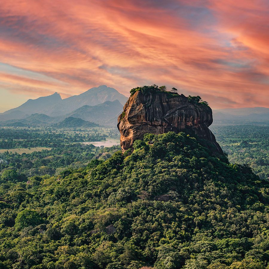 Sigiriya Rock surrounded by greenery, mountains and pink skies. 