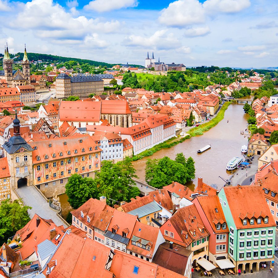 Aerial view of Bamberg’s old town, with the Regnitz River running through it.