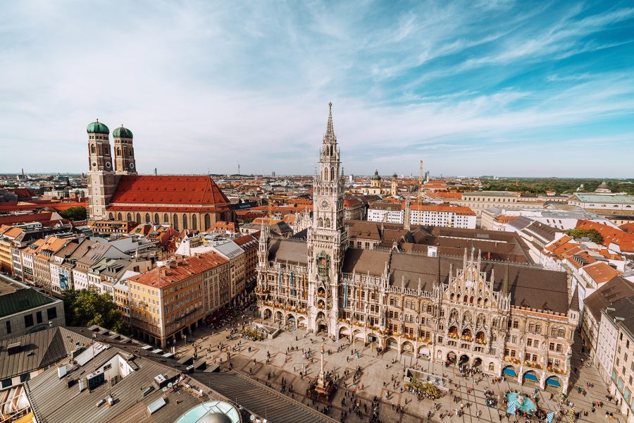 Aerial view of Marienplatz, the central square in Munich.