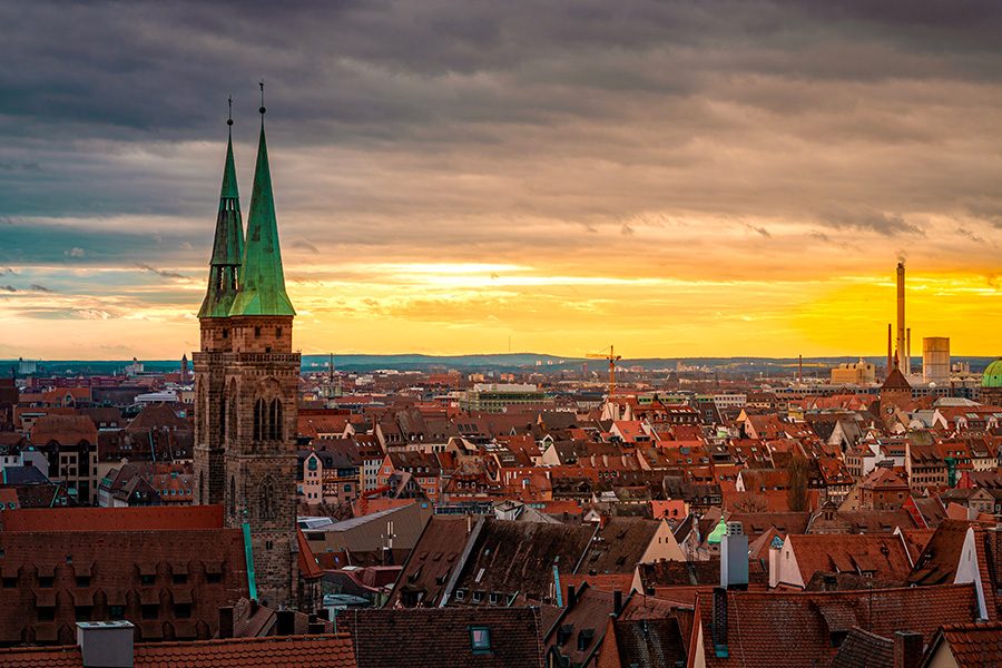 Aerial view of Nuremberg’s old town, with St. Sebald Church. 