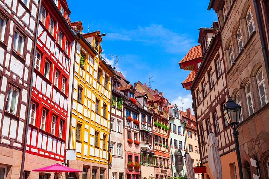 Colourful, half-timbered houses on Weissgerbergasse, a famous street in Nuremberg. 