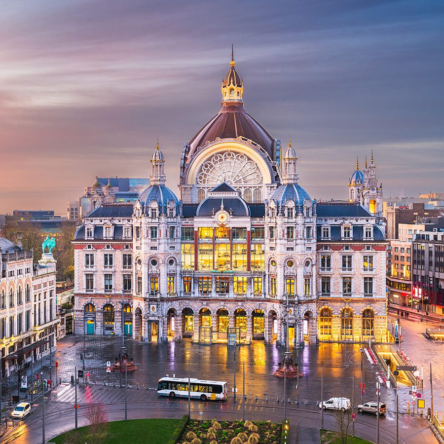 Antwerp’s central railway station, Antwerpen Centraal, from the outside.