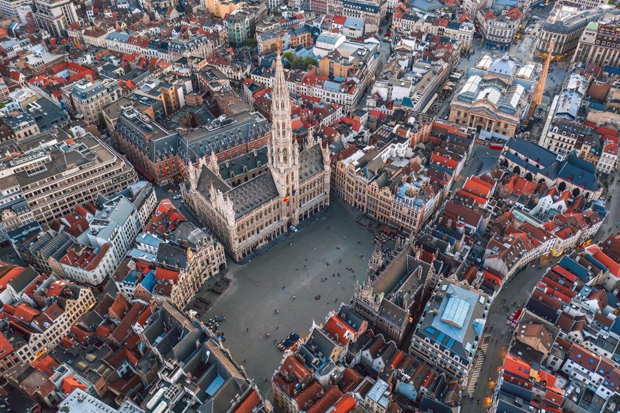 Aerial view of Brussels’ Grote Markt (Grand Place) and its surrounding area.
