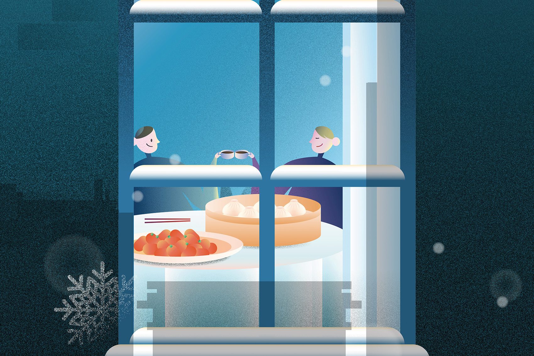 Illustration of two people, seen through a window, clinking glasses at a dinner table with xiao long bao and chopsticks in front of them.