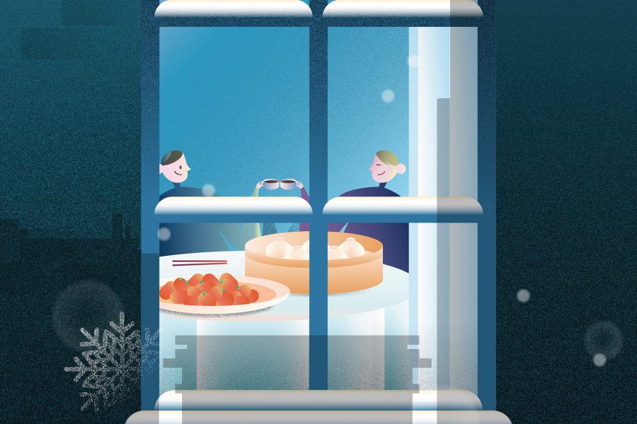 Illustration of two people, seen through a window, clinking glasses at a dinner table with xiao long bao and chopsticks in front of them.