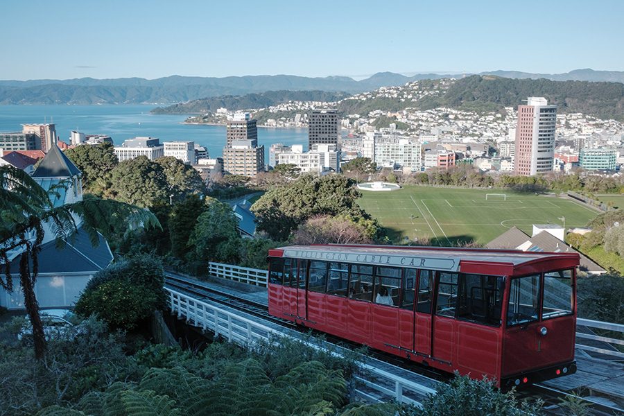 Aerial shot of the Wellington Cable Car over the city.