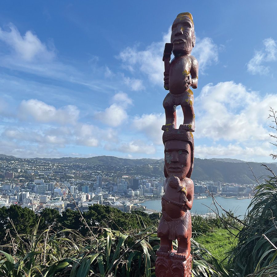 A Maori sculpture on the ridge of Mount Victoria in Wellington.