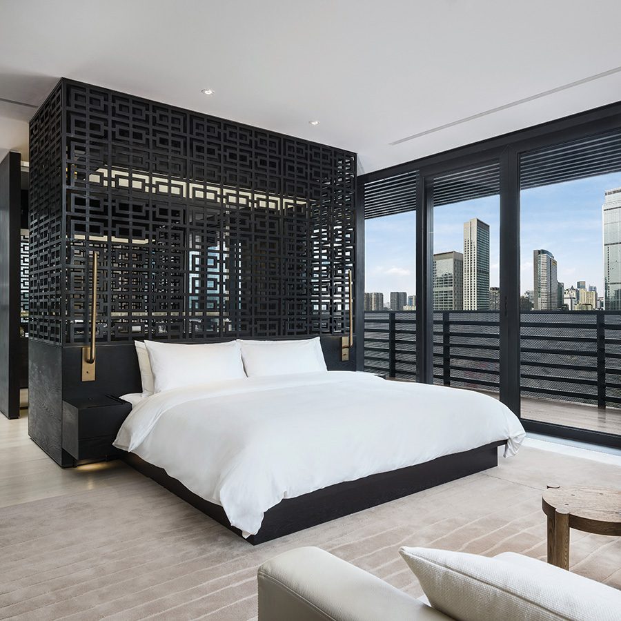 Interior of a hotel room at Temple House Chengdu