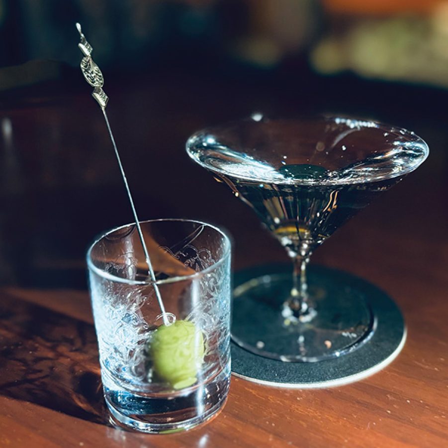A closeup of a Perfect Martini in decorative etched glasses and served at Bar Butler, Hong Kong.