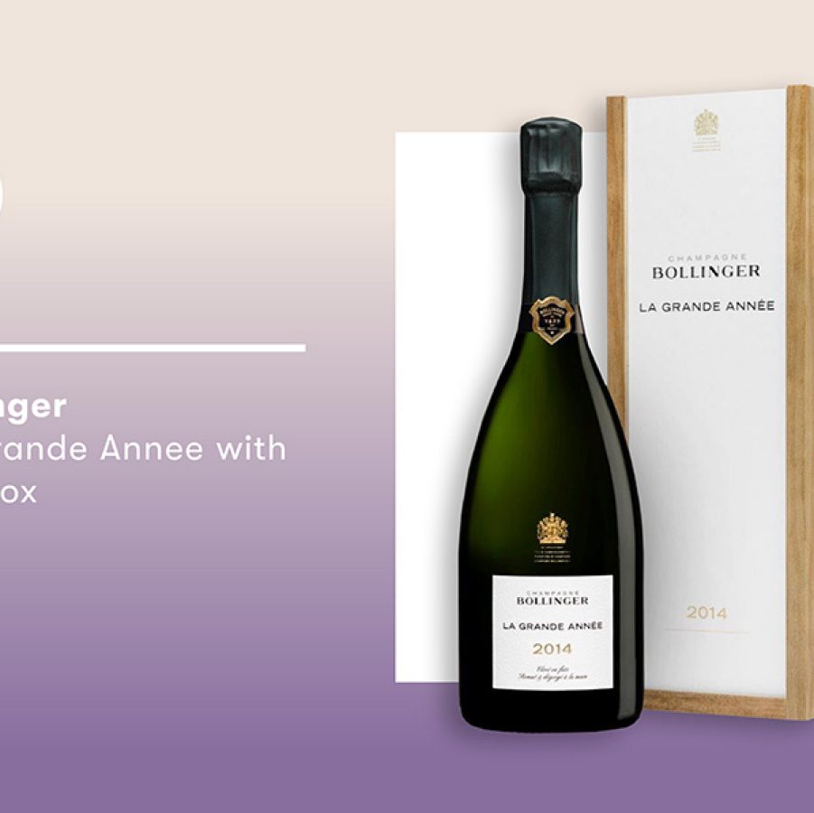 Product shot of Bollinger’s La Grande Annee with gift box.