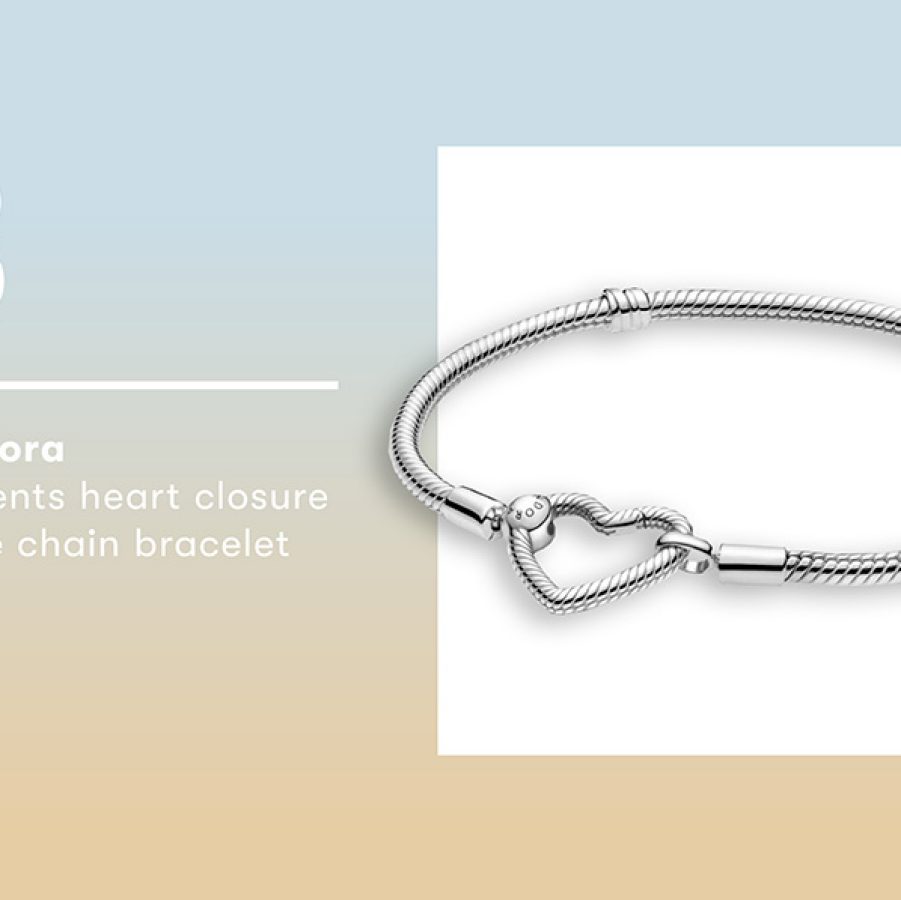 Product shot of Pandora’s Moments heart closure snake chain bracelet.  