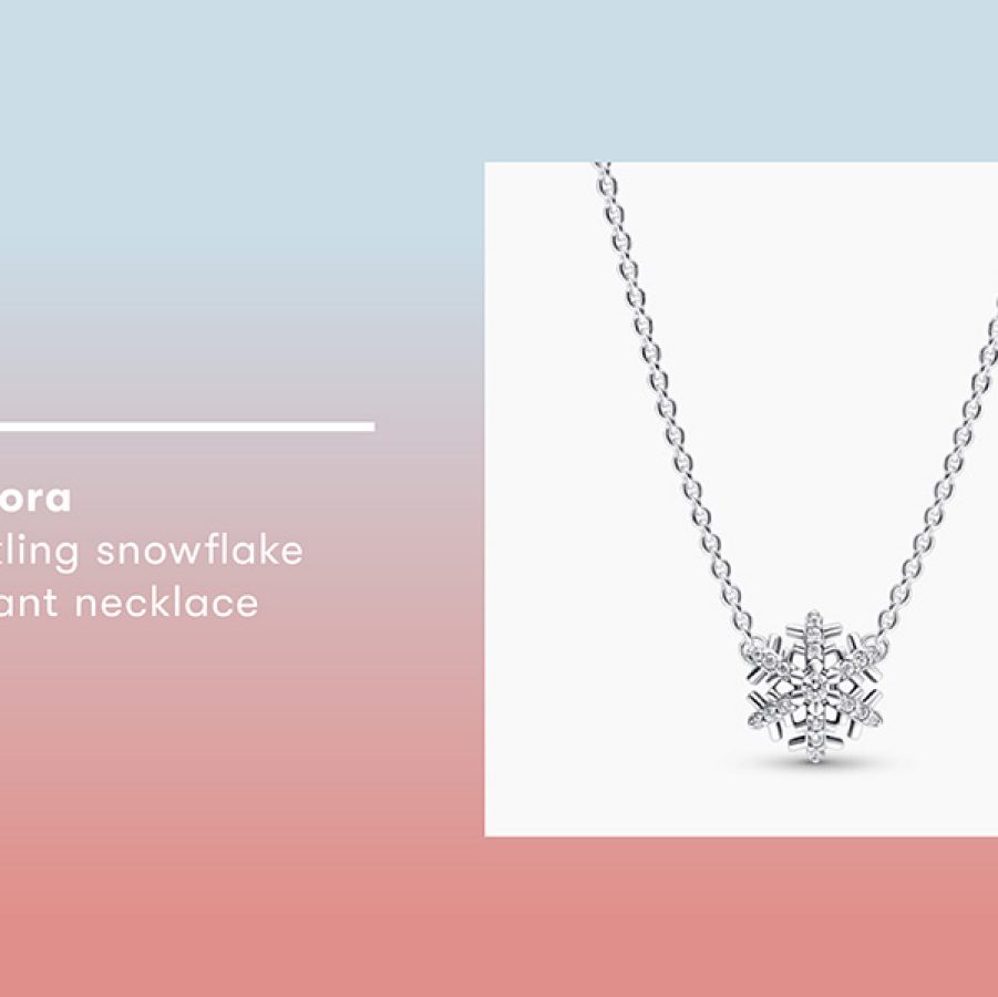 Product shot of Pandora’s sparkling snowflake pendant necklace. 
