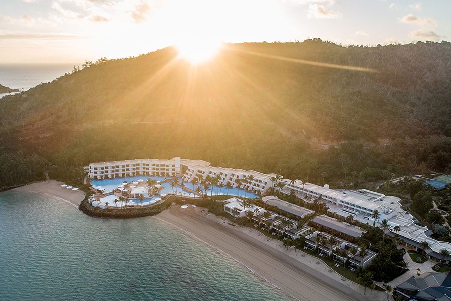 An aerial view of Intercontinental Hayman Great Barrier Reef, a secluded hotel off the waters of Cairns.