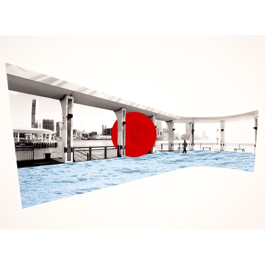 Rendering of Kurt Perschke’s RedBall wedged under the ferry pier canopy. 