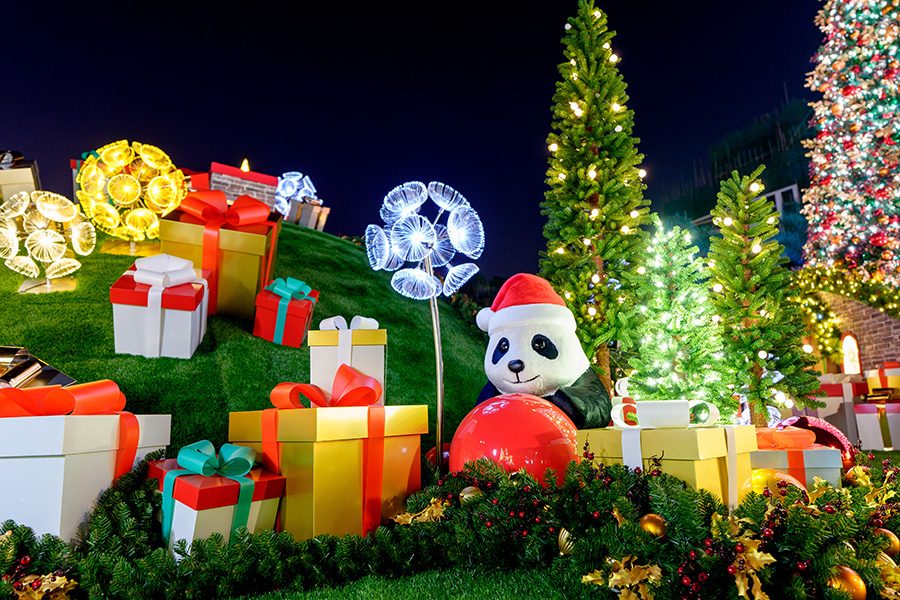 Christmas decorations featuring a panda wearing a Santa hat.