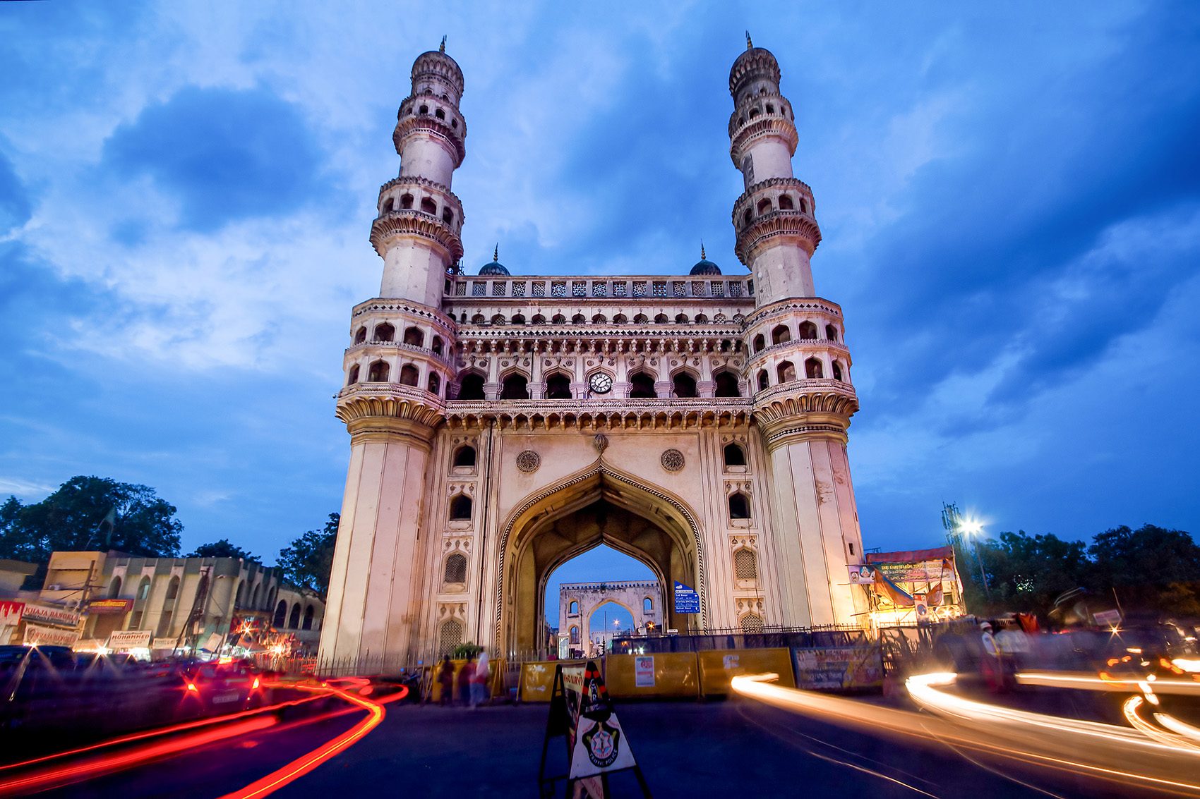A street view of Charminar monument in Hyderabad in the evening