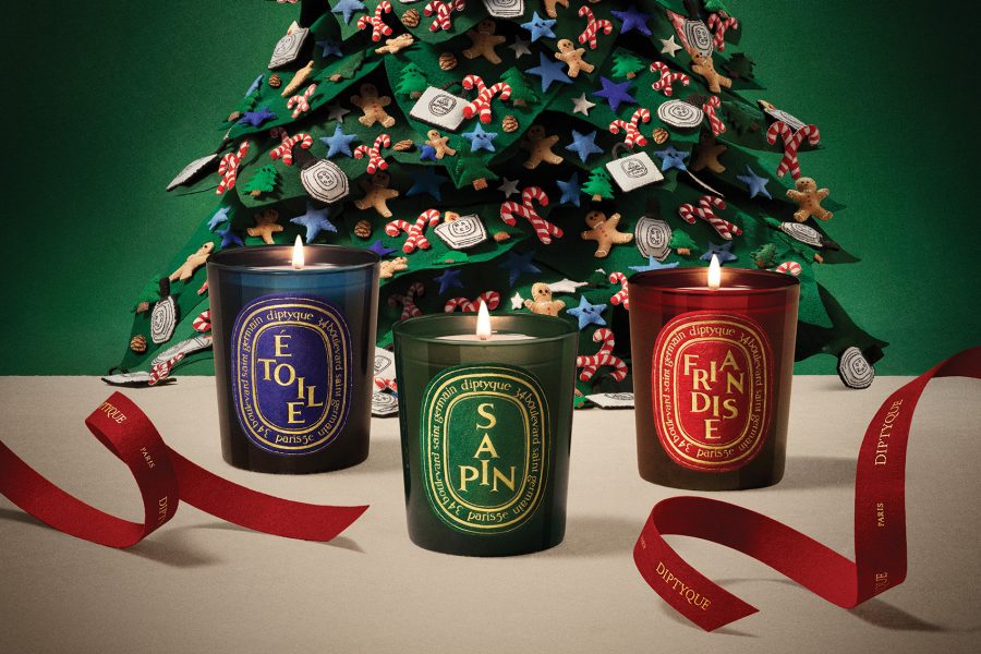 Christmas scented candles from Diptyque ’s three special-edition, Sapin (Siberian pine), Étoile (floral wood) and Friandise (gingerbread, cinnamon and vanilla).