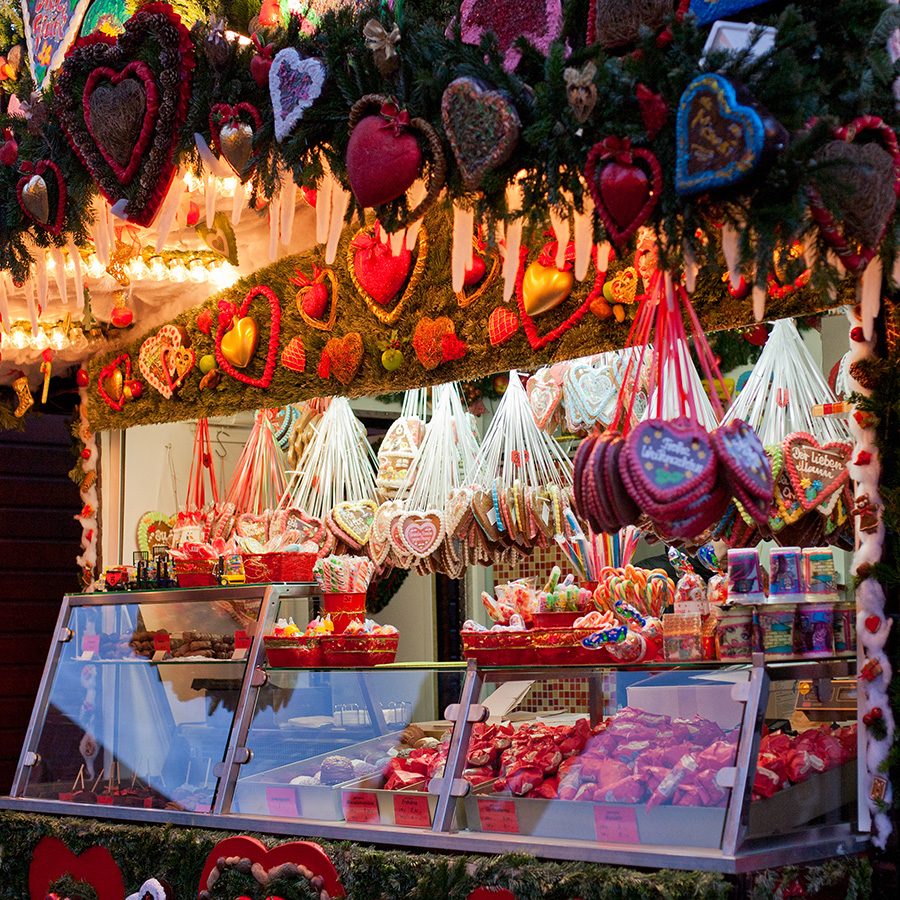 A view of a snack stall decorated by hearts at a Christmas market in Frankfurt. 