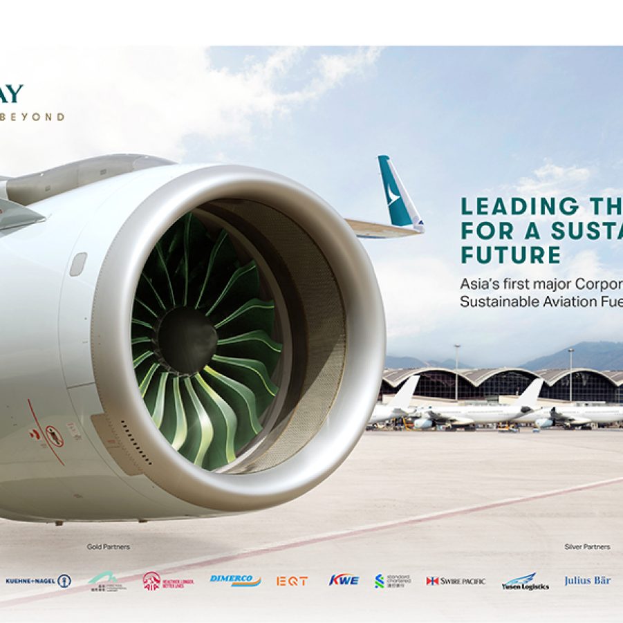 A promotional image for Cathay’s Corporate Sustainable Aviation Fuel Programme depicting an aircraft propeller in the foreground and multiple aircraft lined up on the tarmac in the background during the day. The main text reads “Leading the way for a sustainable future/Asia’s first major Corporate Sustainable Aviation Fuel Programme”. The logos of Cathay’s corporate partners are at the bottom of the image. 
