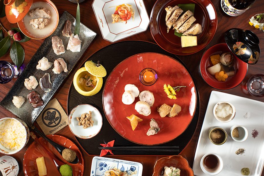 Topshot of food being served at Shoureki-ji Temple in Kyoto.