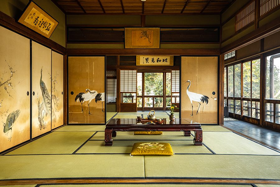 Interior view of a table and screen doors in Shoureki-ji Temple in Kyoto.