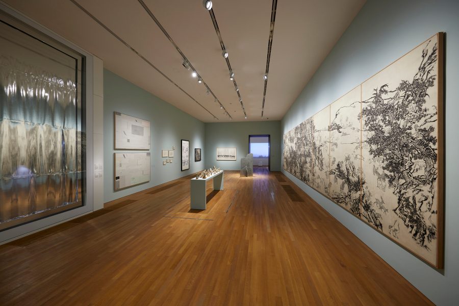 Installation view of Shanshui: Echoes and Signals, with Yang Jiechang’s Black & White Mustard Seed Garden on one of the walls.