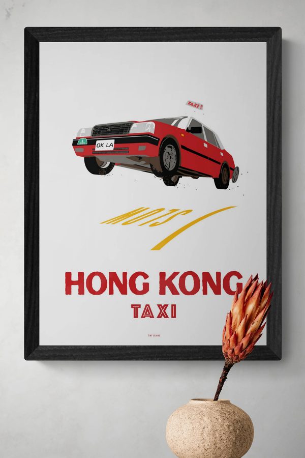 A framed print of a Hong Kong taxi.