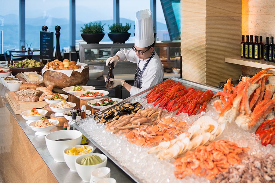 A seafood buffet spread at The Show Kitchen at Grand Hyatt Shenzhen hotel in China.