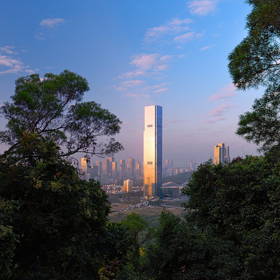 A view of Mandarin Oriental Shenzhen hotel exterior from a distance through trees.