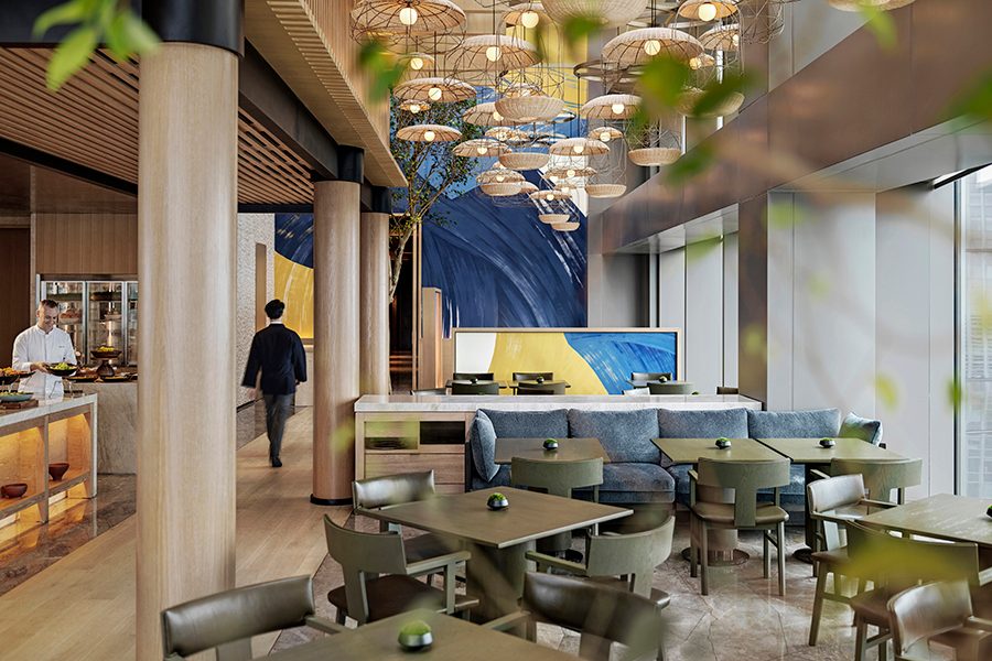 An interior view of the dining area inside The Glasshouse at Park Hyatt Shenzhen in China.