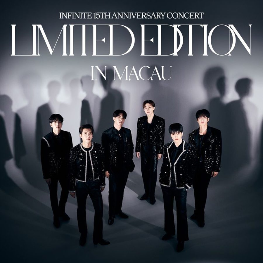 The six members of boyband Infinite are shown standing in black suits on a promotional poster which reads “Infinite 15th Anniversary Concert Limited Edition in Macau”. 