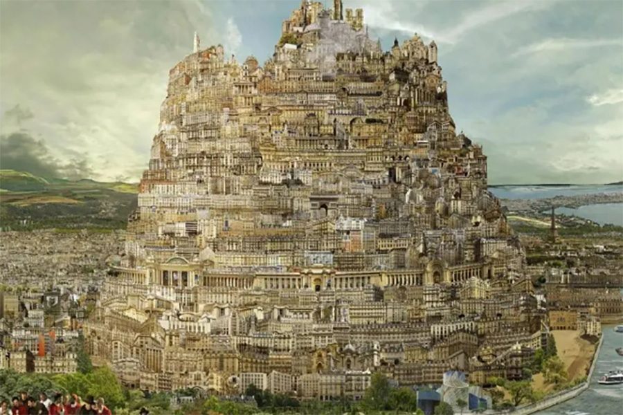 A work of art by Jean-François Rauzier. The piece shows a tower of buildings, created using images pieced together.