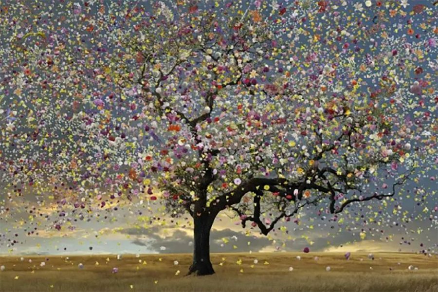 A work of art by Jean-François Rauzier. The piece shows a tree covered in colourful blossom, created using images pieced together. 