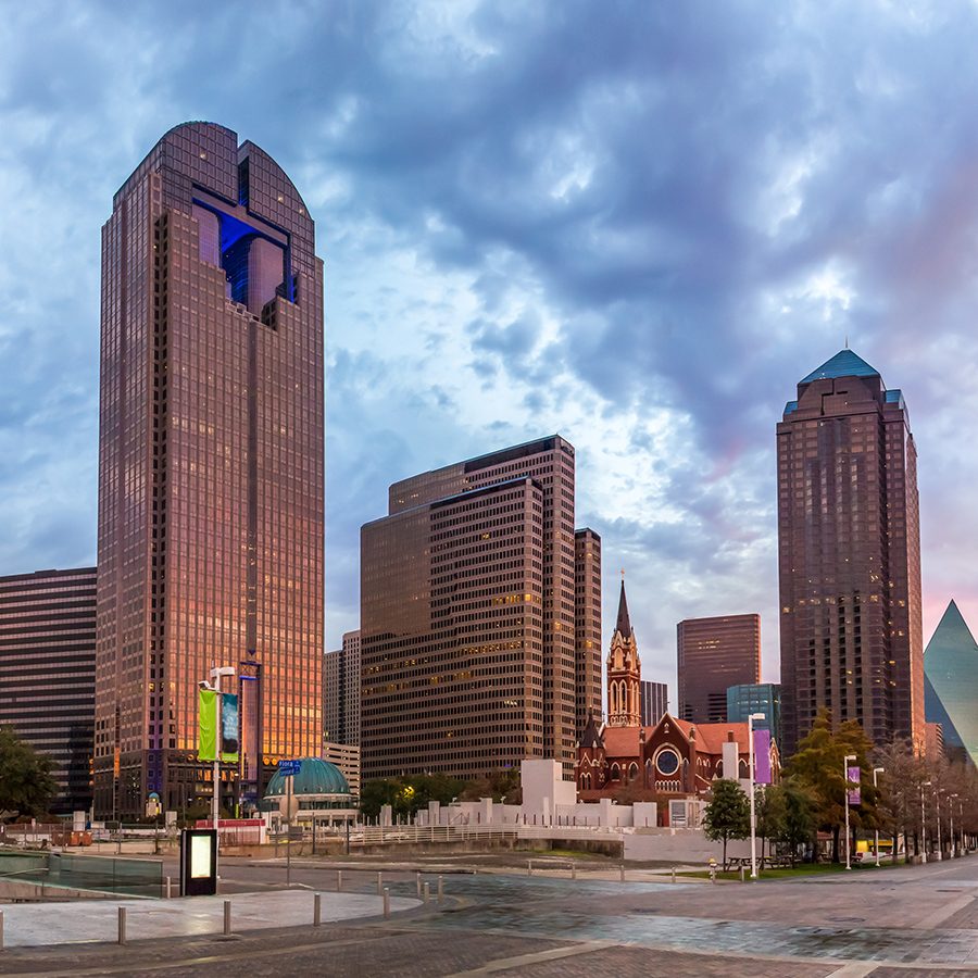 High-rise buildings in Dallas Arts District, known for attractions like the Dallas Museum of Art, appear copper at sundown. 