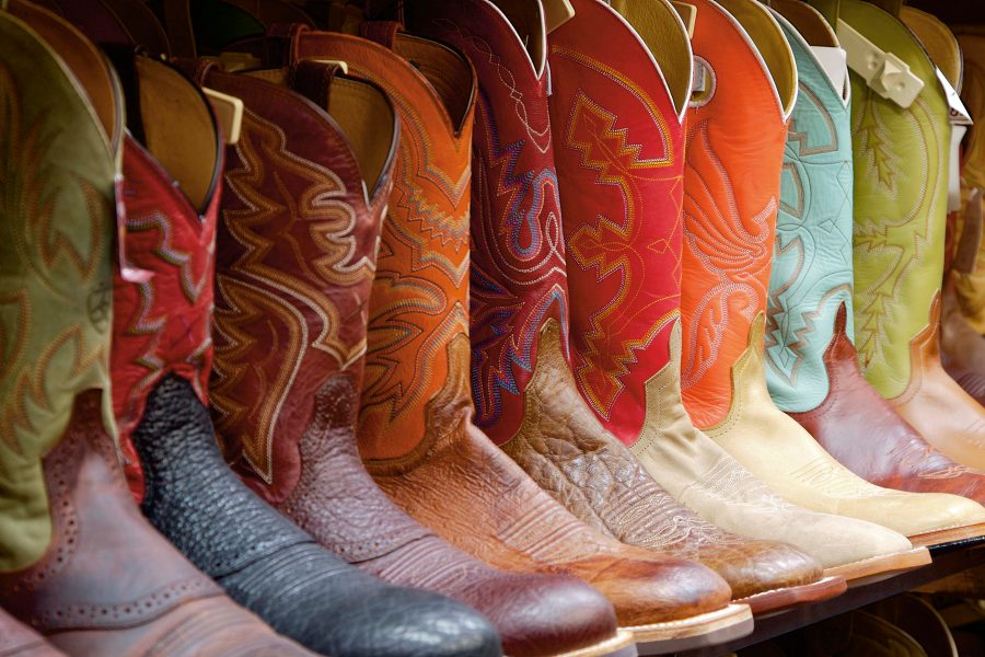 A row of colourful leather boots for sale at Wild Bill’s Western Store in Dallas-Fort Worth.