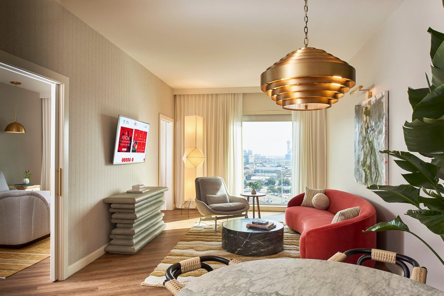 Interior of a guest room at Virgin Hotels Dallas.   