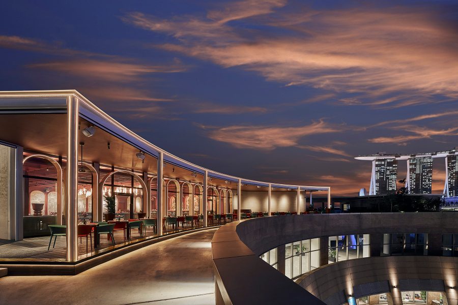Baia, a new rooftop bar, perches atop the Esplanade – Theatres on the Bay in a crescent shape and offers views of Marina Bay in the evening. 