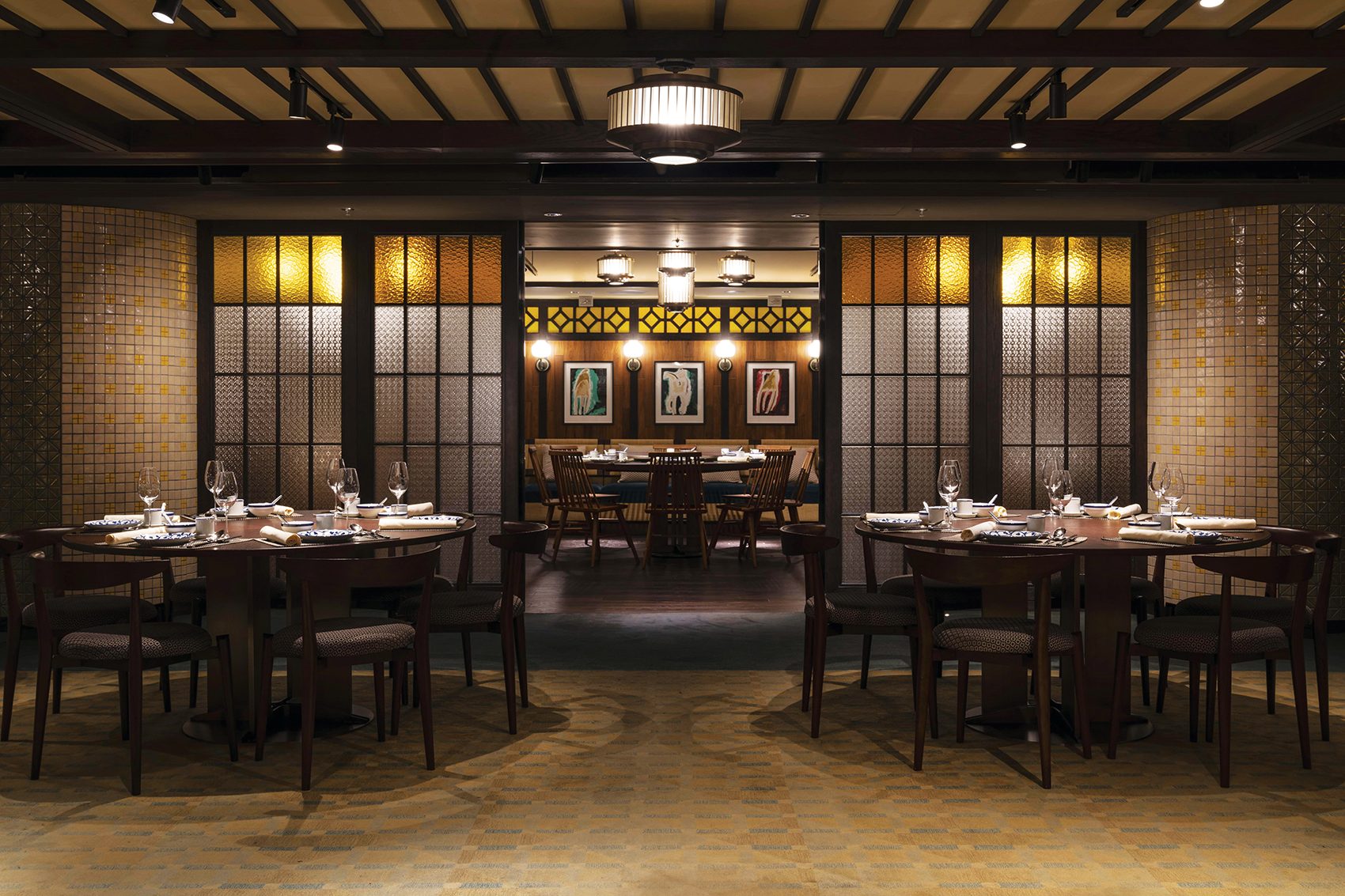 A view of the modern Chinese interior design at Michelin-starred Yat Tung Heen restaurant in Hong Kong.